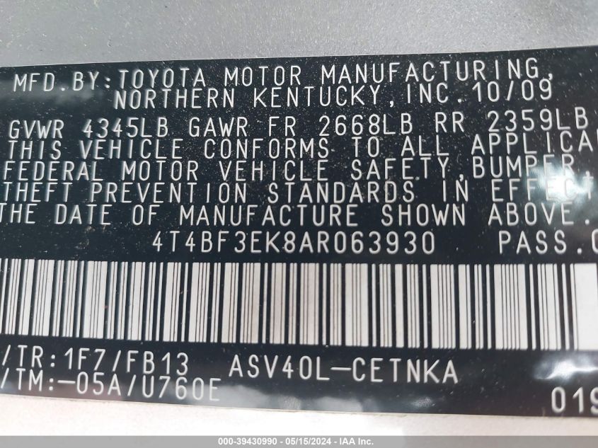2010 Toyota Camry Le VIN: 4T4BF3EK8AR063930 Lot: 39430990