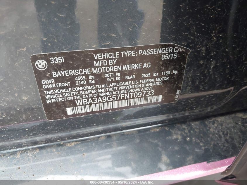 2015 BMW 335I VIN: WBA3A9G57FNT09733 Lot: 39430994