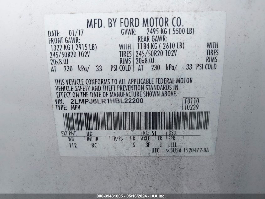 2017 Lincoln Mkx Reserve VIN: 2LMPJ6LR1HBL22200 Lot: 39431005