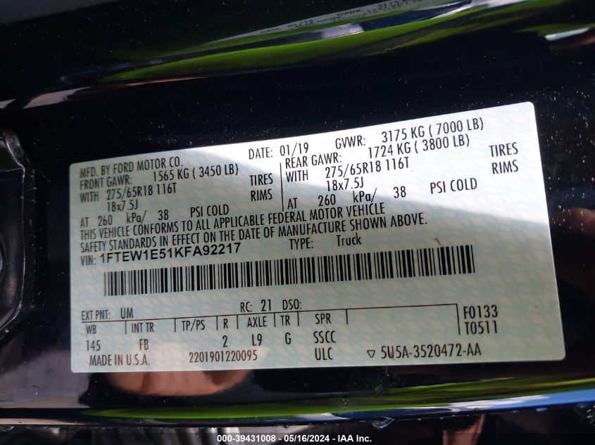 2019 Ford F-150 Xlt VIN: 1FTEW1E51KFA92217 Lot: 39431008
