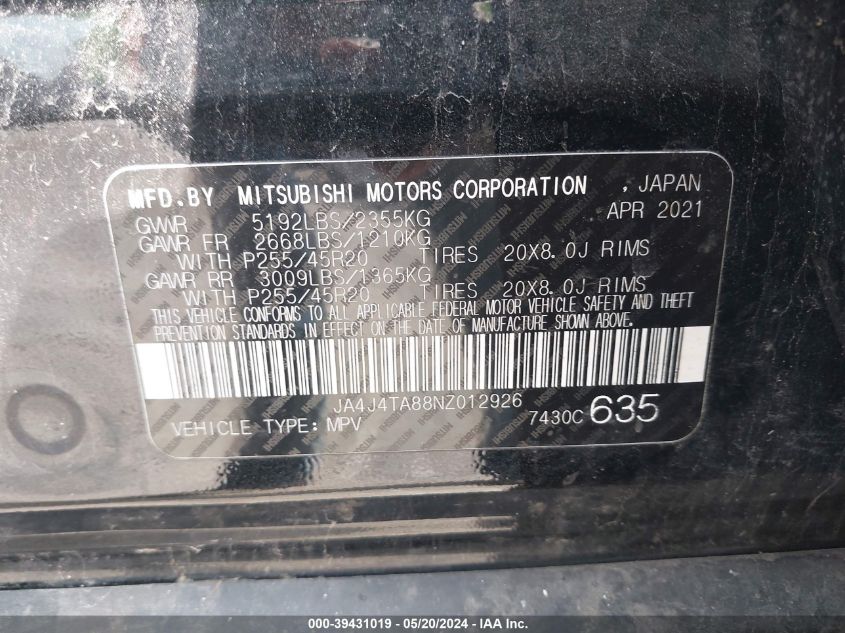 2022 Mitsubishi Outlander Es 2.5 S-Awc VIN: JA4J4TA88NZ012926 Lot: 39431019