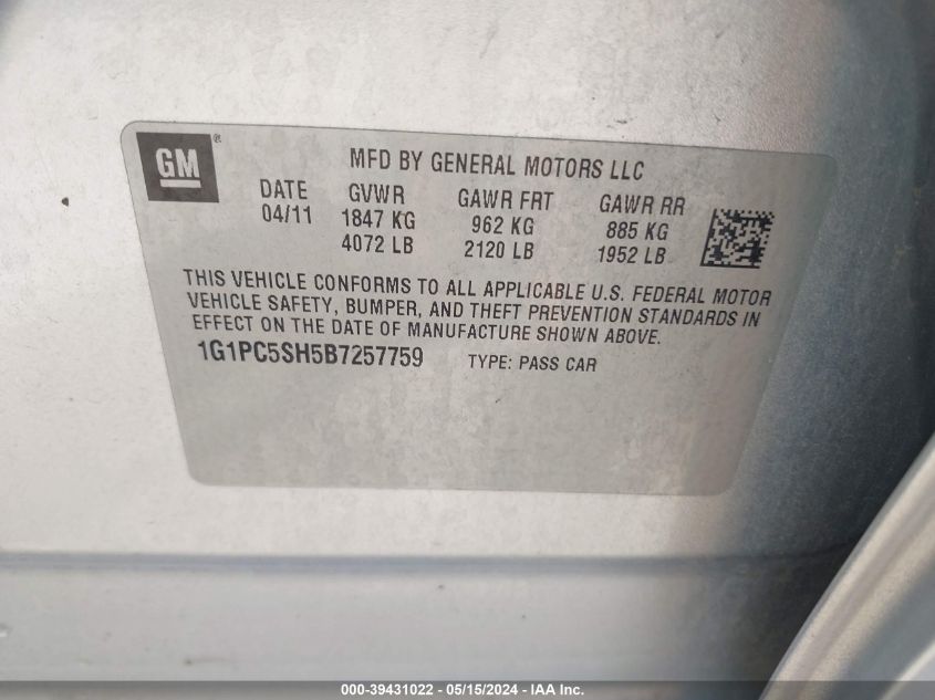 2011 Chevrolet Cruze Ls VIN: 1G1PC5SH5B7257759 Lot: 39431022