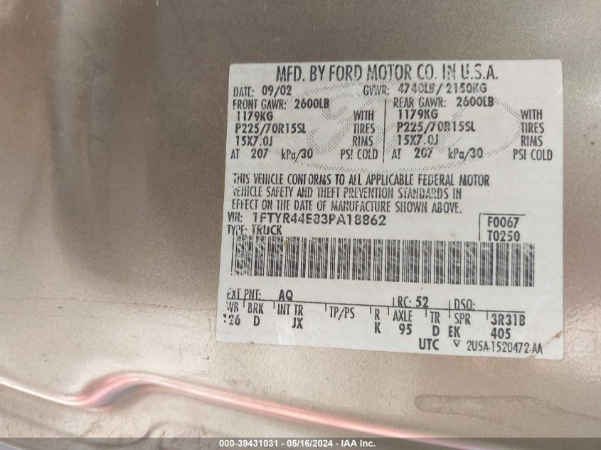 2003 Ford Ranger Xlt VIN: 1FTYR44E83PA18862 Lot: 39431031