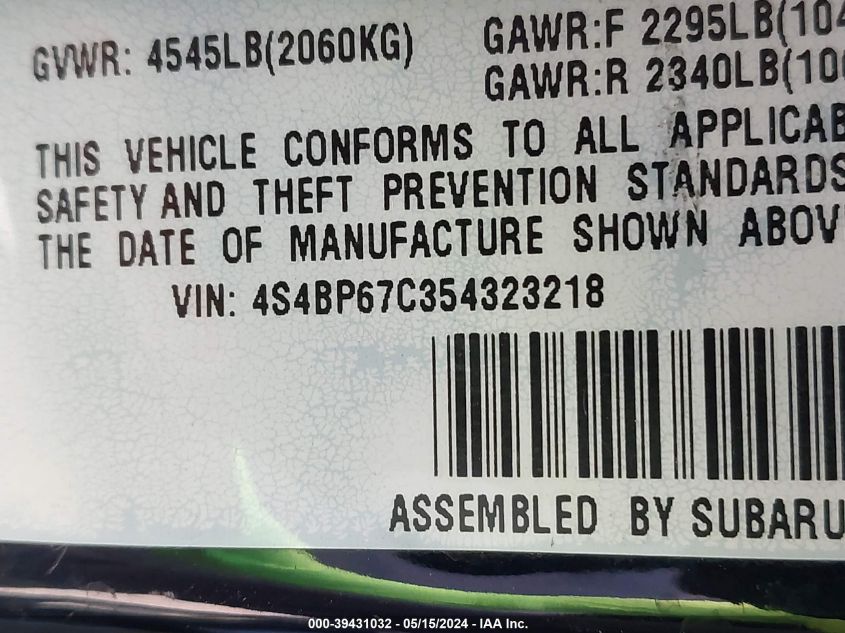 2005 Subaru Legacy Outback 2.5 Xt Limited VIN: 4S4BP67C354323218 Lot: 39431032