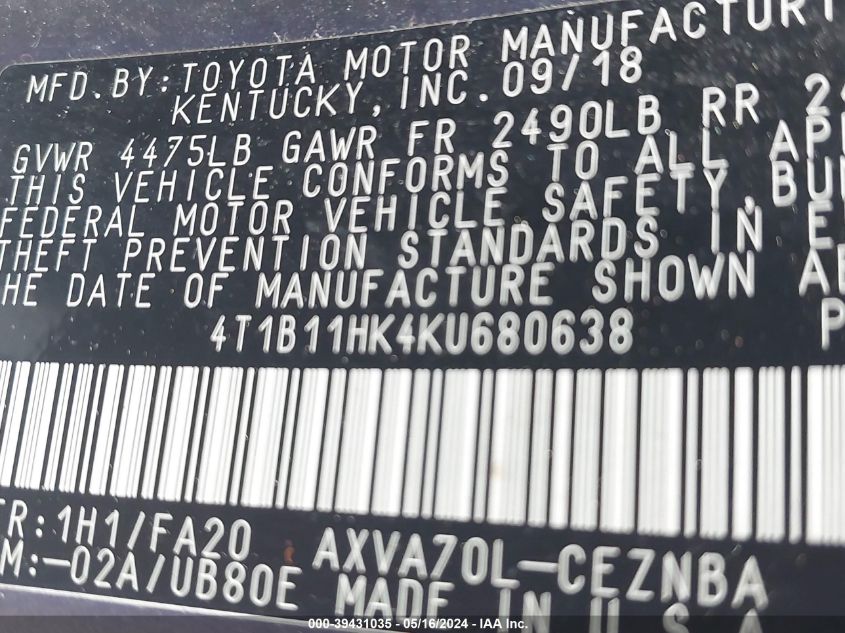 2019 Toyota Camry Le VIN: 4T1B11HK4KU680638 Lot: 39431035