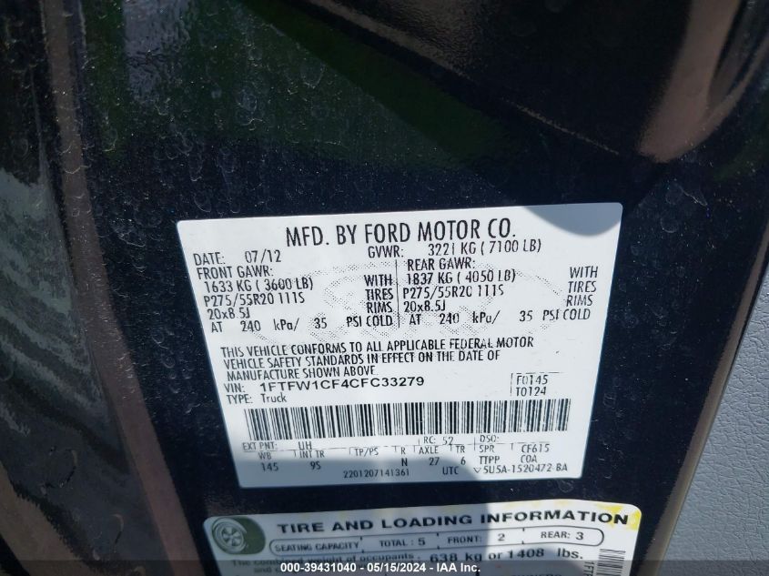 2012 Ford F-150 Platinum VIN: 1FTFW1CF4CFC33279 Lot: 39431040