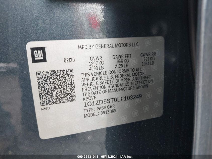 2020 Chevrolet Malibu Fwd Lt VIN: 1G1ZD5ST0LF103249 Lot: 39431041