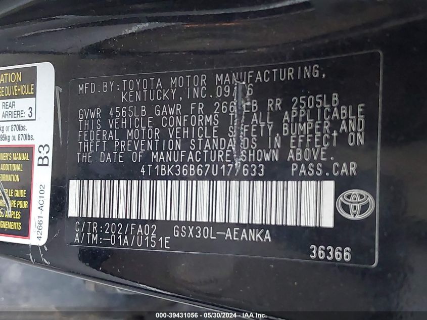 2007 Toyota Avalon Xl VIN: 4T1BK36B67U177633 Lot: 39431056