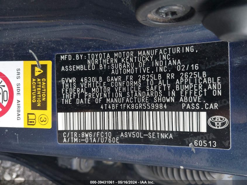 2016 Toyota Camry Le VIN: 4T4BF1FK8GR559984 Lot: 39431061