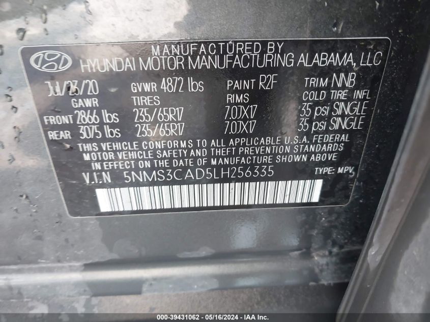 2020 Hyundai Santa Fe Sel VIN: 5NMS3CAD5LH256335 Lot: 39431062