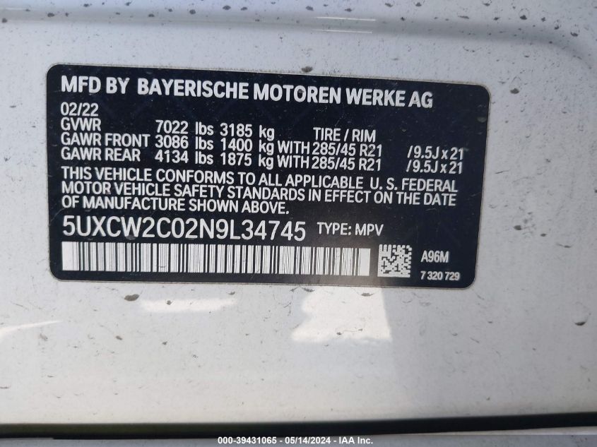 2022 BMW X7 xDrive40I VIN: 5UXCW2C02N9L34745 Lot: 39431065