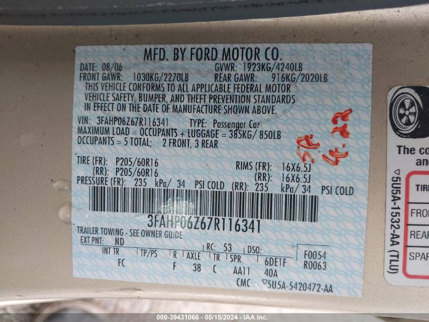 2007 Ford Fusion S VIN: 3FAHP06Z67R116341 Lot: 39431066