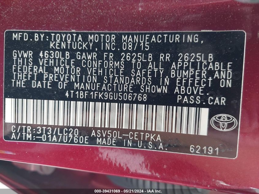 2016 Toyota Camry Xse VIN: 4T1BF1FK9GU506768 Lot: 39431069