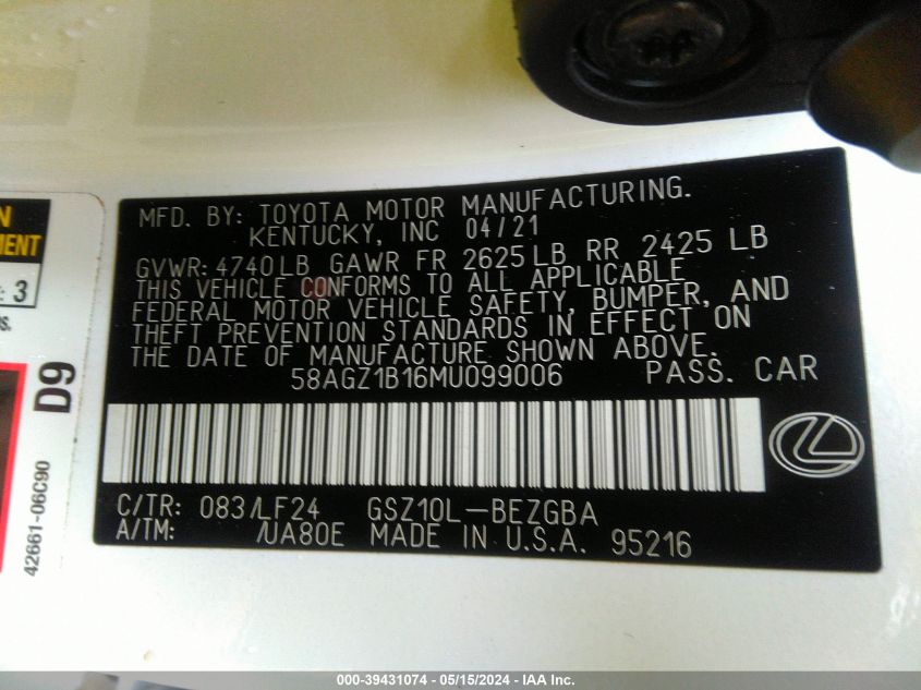 2021 Lexus Es 350 F Sport VIN: 58AGZ1B16MU099006 Lot: 39431074