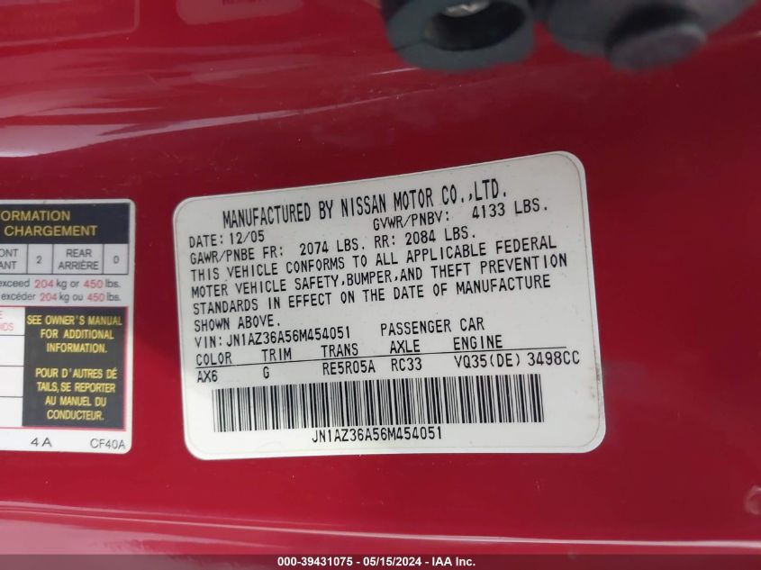 2006 Nissan 350Z Touring VIN: JN1AZ36A56M454051 Lot: 39431075