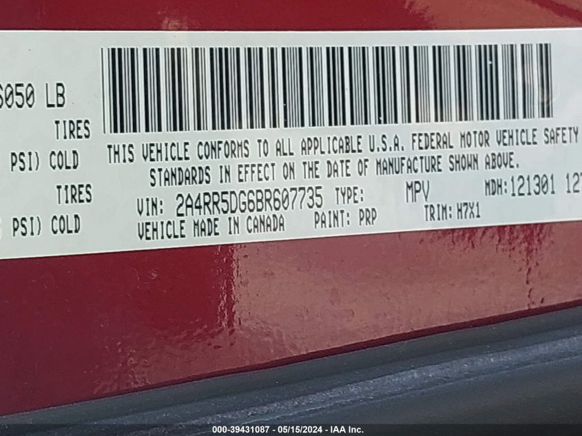 2011 Chrysler Town & Country Touring VIN: 2A4RR5DG6BR607735 Lot: 39431087