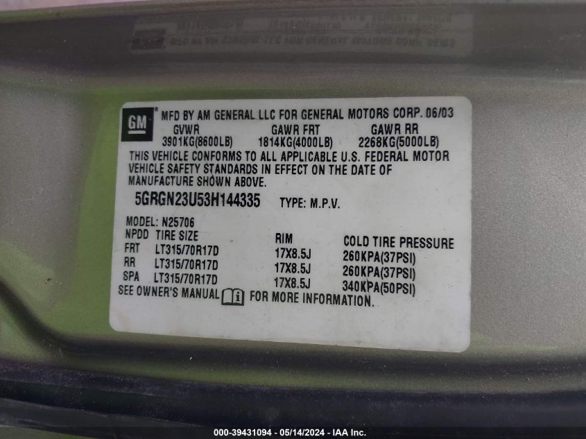 2003 Hummer H2 VIN: 5GRGN23U53H144335 Lot: 39431094