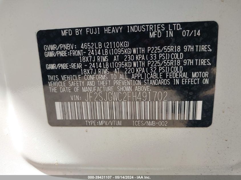 2015 Subaru Forester 2.0Xt Touring VIN: JF2SJGWC2FH491702 Lot: 39431107