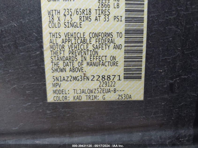 2015 Nissan Murano Sv VIN: 5N1AZ2MG3FN228871 Lot: 39431125