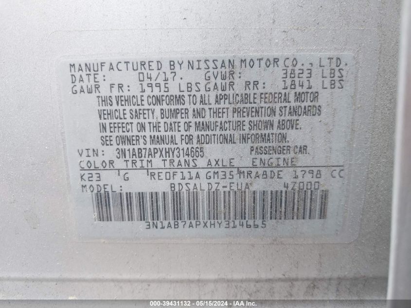 2017 Nissan Sentra Sv VIN: 3N1AB7APXHY314665 Lot: 39431132