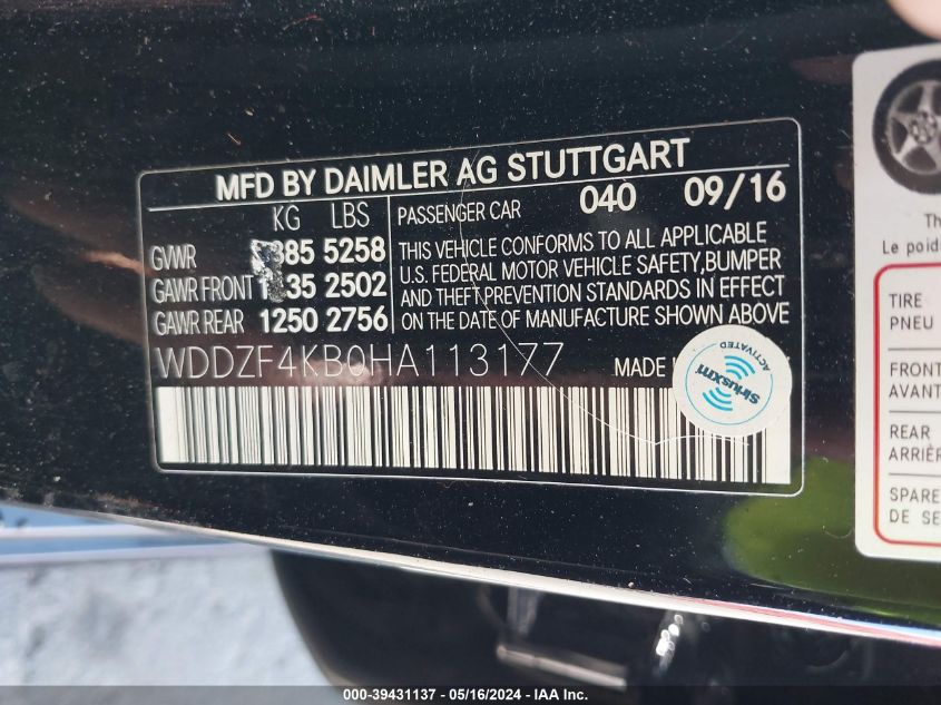 2017 Mercedes-Benz E 300 4Matic VIN: WDDZF4KB0HA113177 Lot: 39431137