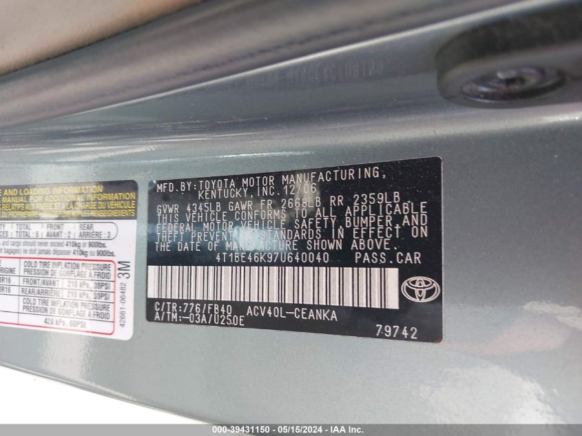 2007 Toyota Camry Le VIN: 4T1BE46K97U640040 Lot: 39431150