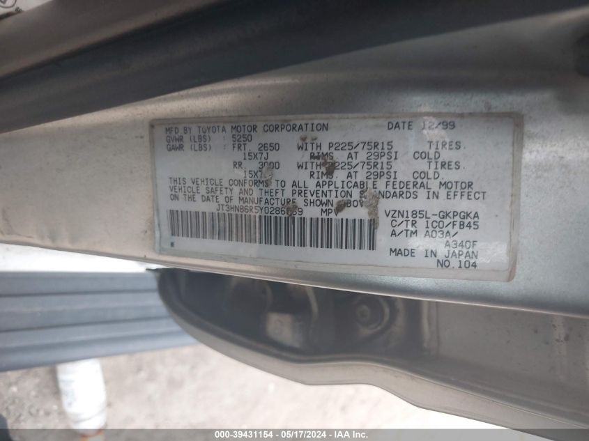 2000 Toyota 4Runner Sr5 V6 VIN: JT3HN86R5Y0286369 Lot: 39431154