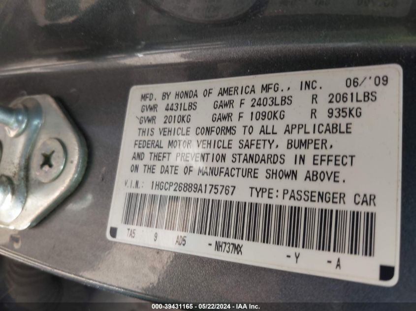 2009 Honda Accord 2.4 Ex-L VIN: 1HGCP26889A175767 Lot: 39431165