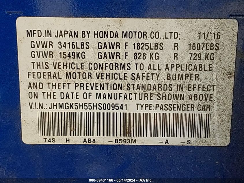 2017 Honda Fit Lx VIN: JHMGK5H55HS009541 Lot: 39431166