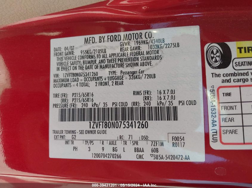 2007 Ford Mustang V6 Deluxe/V6 Premium VIN: 1ZVFT80N075341260 Lot: 39431201