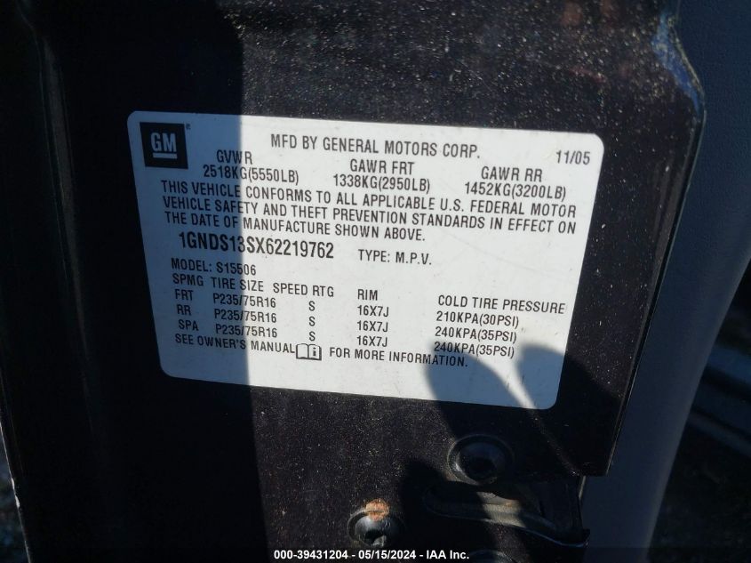 2006 Chevrolet Trailblazer Ls VIN: 1GNDS13SX62219762 Lot: 39431204