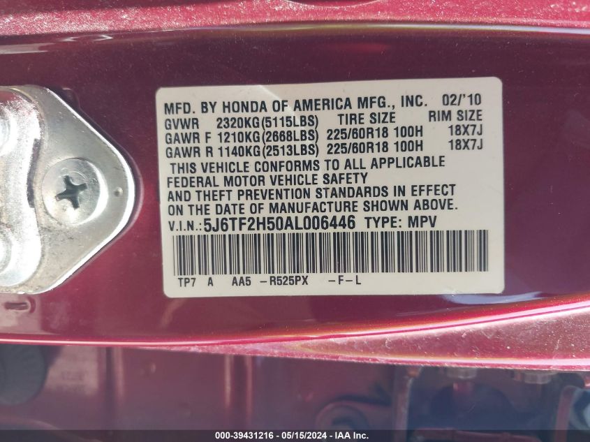 2010 Honda Accord Crosstour Ex-L VIN: 5J6TF2H50AL006446 Lot: 39431216