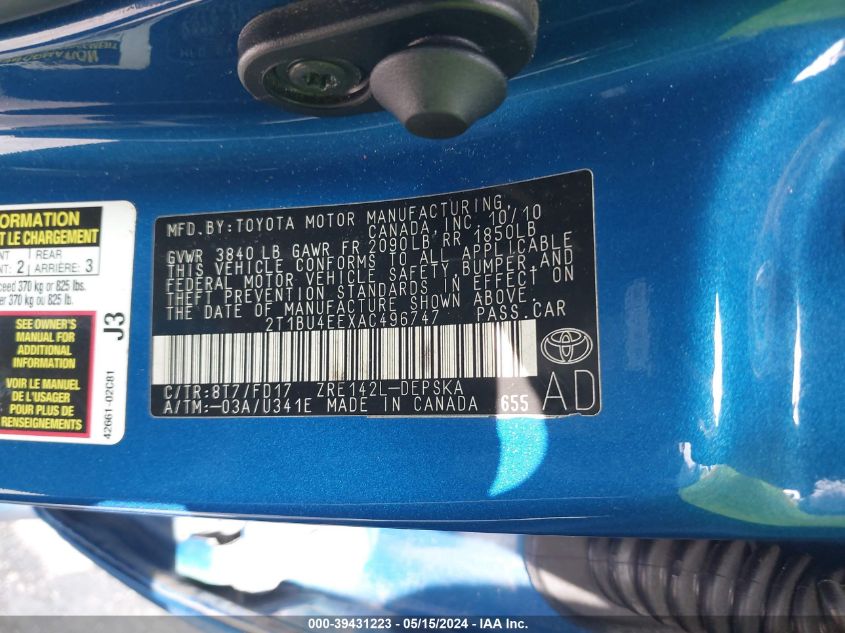 2010 Toyota Corolla S VIN: 2T1BU4EEXAC496747 Lot: 39431223