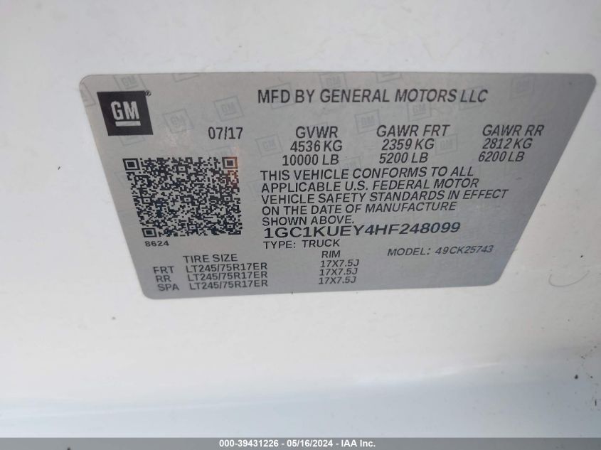 2017 Chevrolet Silverado 2500Hd Wt VIN: 1GC1KUEY4HF248099 Lot: 39431226