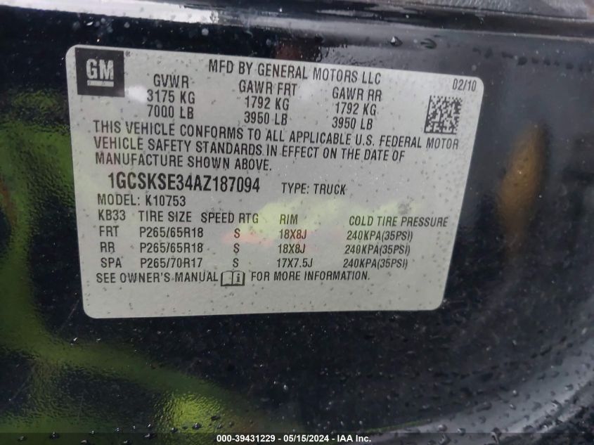 2010 Chevrolet Silverado 1500 Lt VIN: 1GCSKSE34AZ187094 Lot: 39431229