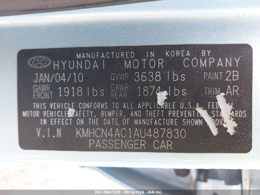 2010 Hyundai Accent Gls VIN: KMHCN4AC1AU487830 Lot: 39431239