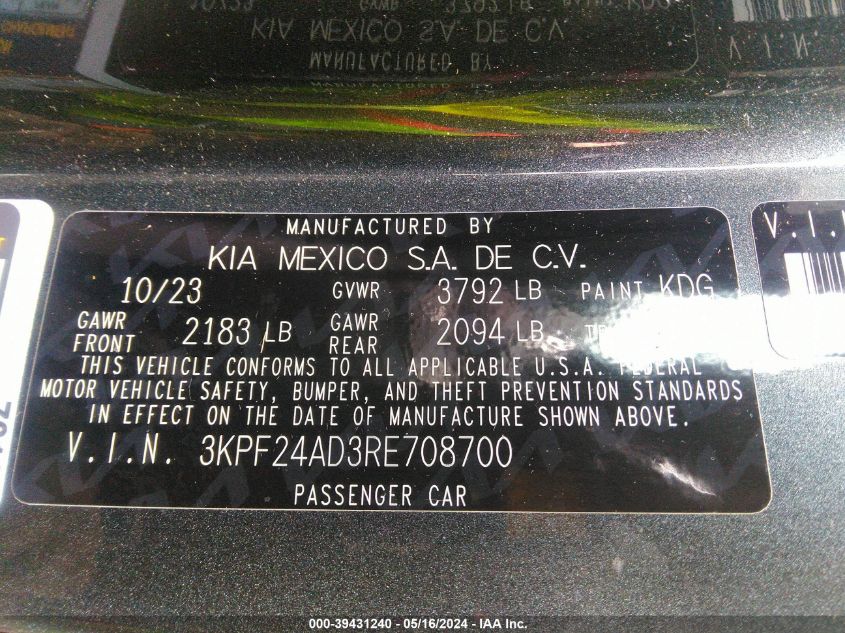 2024 Kia Forte Lxs VIN: 3KPF24AD3RE708700 Lot: 39431240