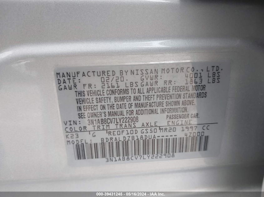 2020 Nissan Sentra Sv Xtronic Cvt VIN: 3N1AB8CV7LY222908 Lot: 39431245