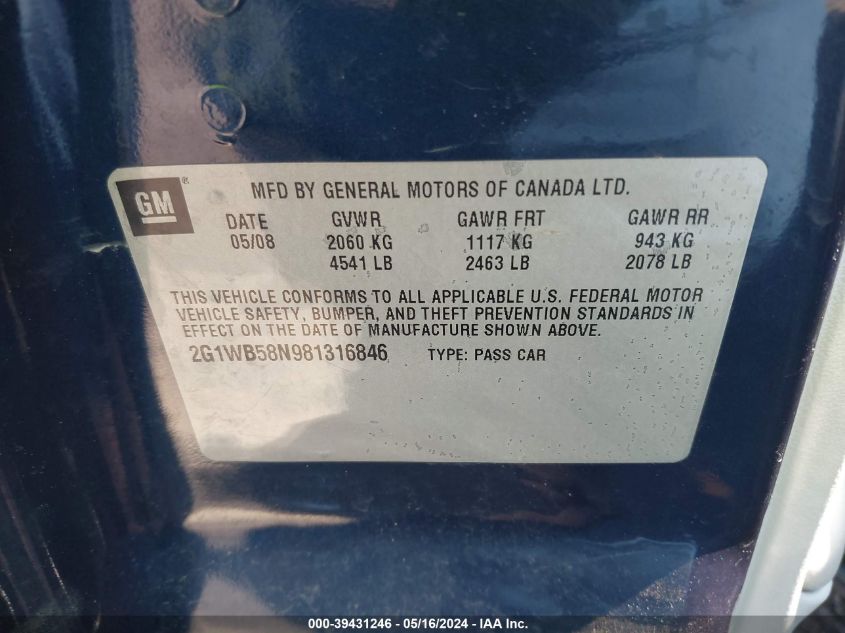 2008 Chevrolet Impala Ls VIN: 2G1WB58N981316846 Lot: 39431246