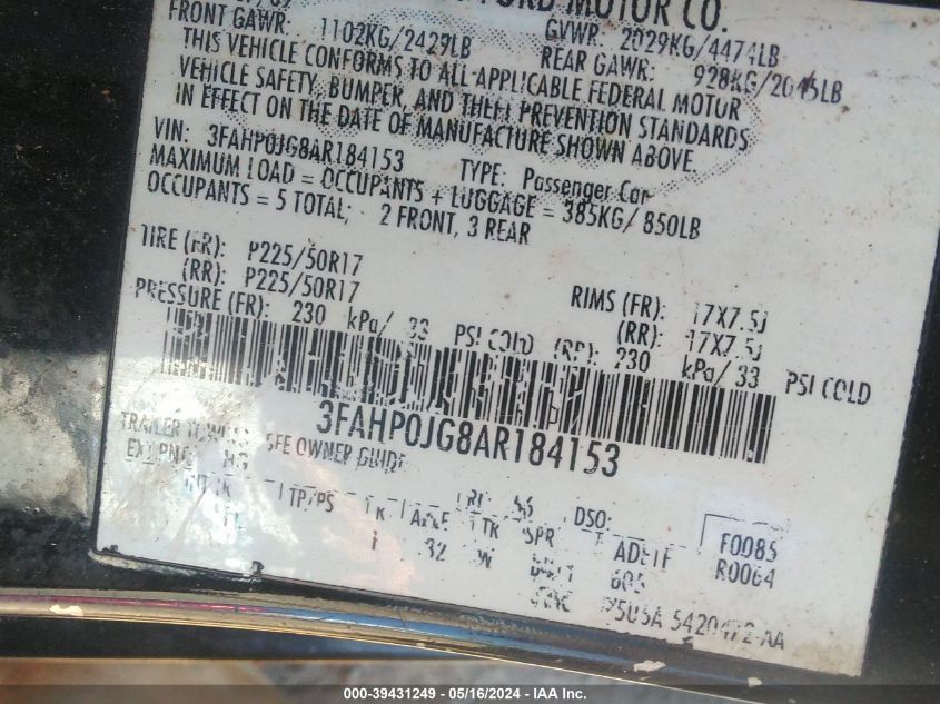 2010 Ford Fusion Sel VIN: 3FAHP0JG8AR184153 Lot: 39431249