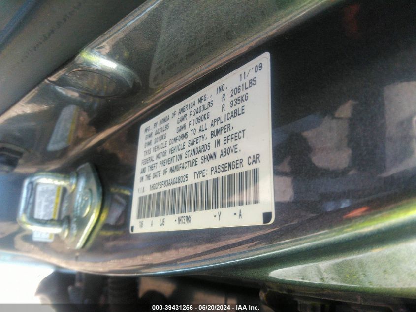 2010 Honda Accord 2.4 Ex-L VIN: 1HGCP2F83AA048025 Lot: 39431256