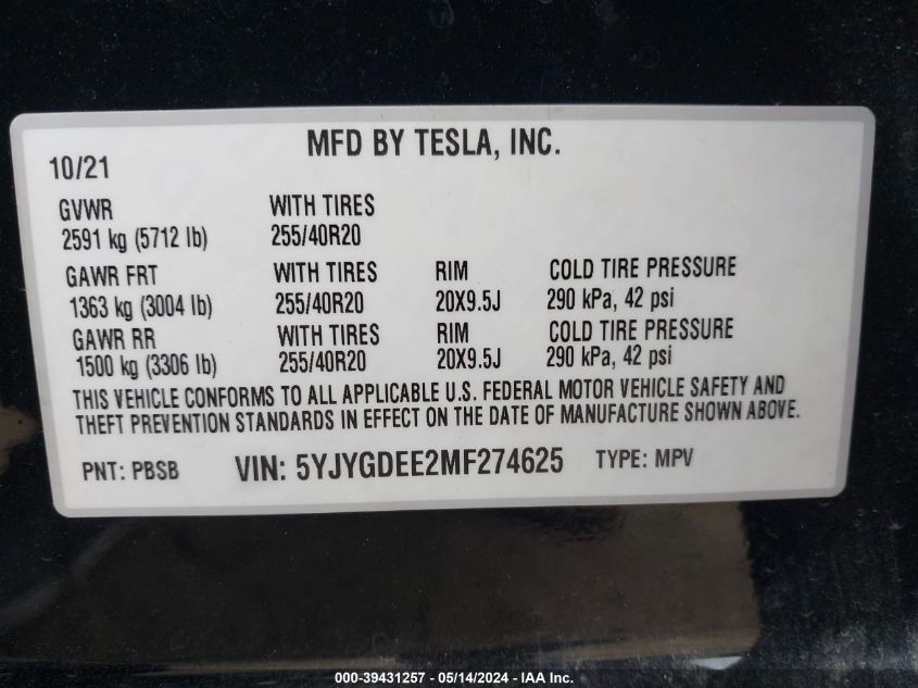 2021 Tesla Model Y Long Range Dual Motor All-Wheel Drive VIN: 5YJYGDEE2MF274625 Lot: 39431257