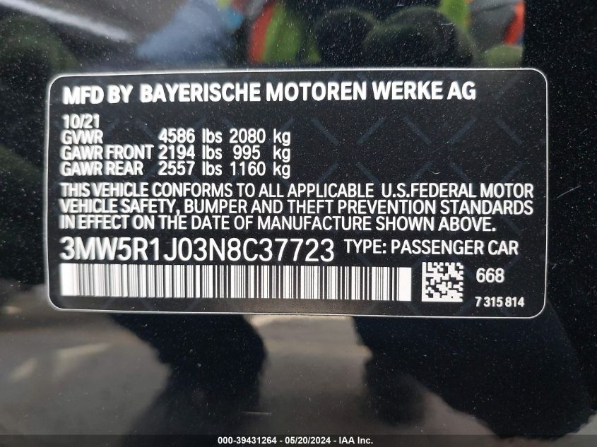 2022 BMW 330I VIN: 3MW5R1J03N8C37723 Lot: 39431264