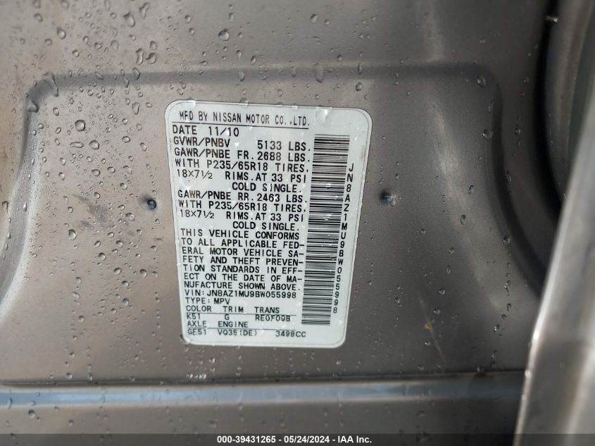 2011 Nissan Murano Sl VIN: JN8AZ1MU9BW055998 Lot: 39431265