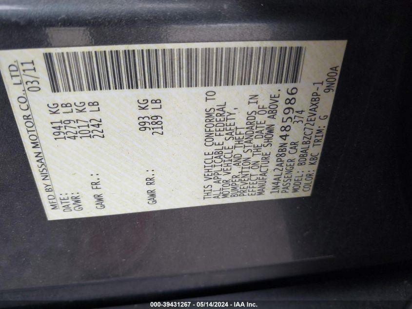 2011 Nissan Altima 2.5 S VIN: 1N4AL2AP8BN485986 Lot: 39431267