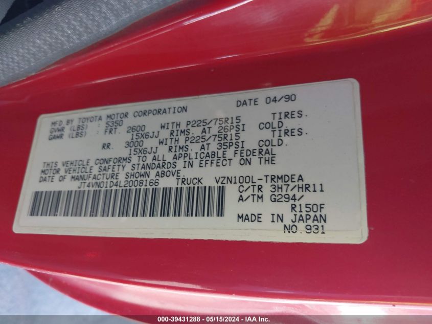 1990 Toyota Pickup 1/2 Ton Sht Wheelbase Dlx VIN: JT4VN01D4L2008166 Lot: 39431288