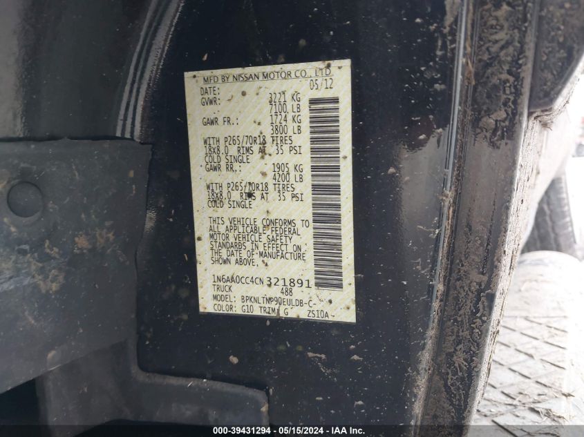 2012 Nissan Titan Sv VIN: 1N6AA0CC4CN321891 Lot: 39431294