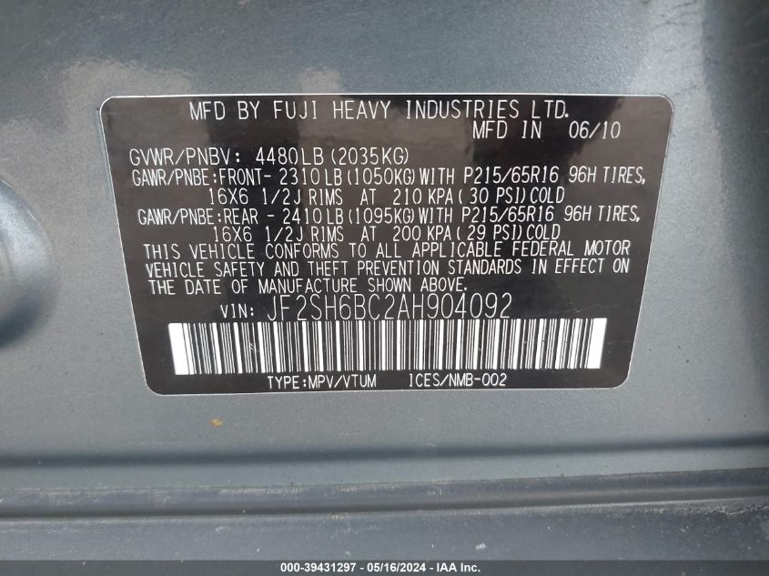 2010 Subaru Forester 2.5X VIN: JF2SH6BC2AH904092 Lot: 39431297