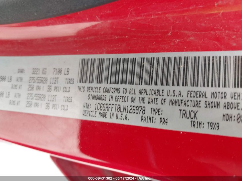2020 Ram 1500 Big Horn 4X4 5'7 Box VIN: 1C6SRFFT8LN126978 Lot: 39431302