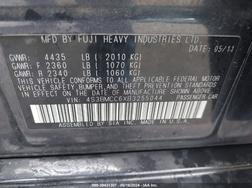2011 Subaru Legacy 2.5I Premium VIN: 4S3BMCC6XB3255044 Lot: 39431307